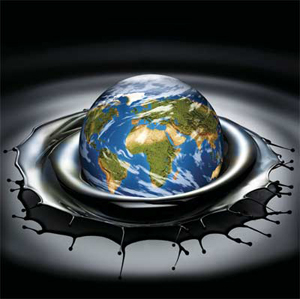 Graphic of globe landing in a pool of oil